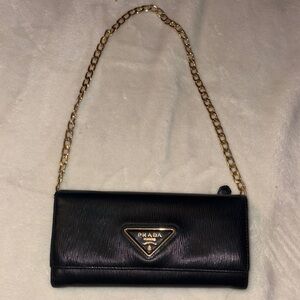Prada Black Leather Clutch with Gold Chain